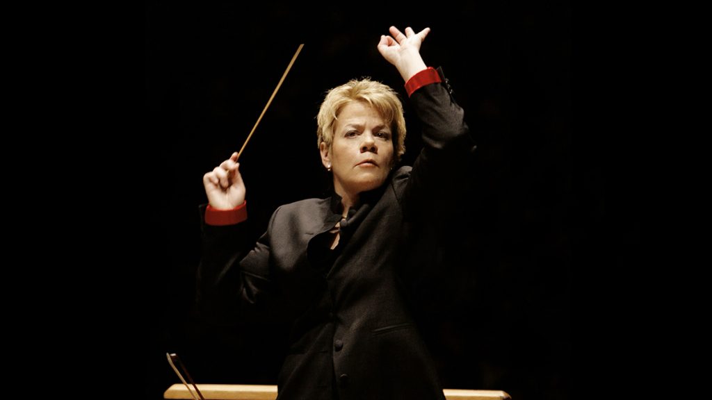 Marin Alsop conducting a performance
