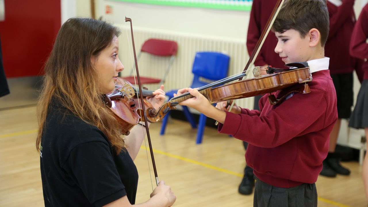 BSO Resound give a concert at Lockyer's Middle School in Corfe Mullen. Pupils talk to Violinist Siobhan Clough.