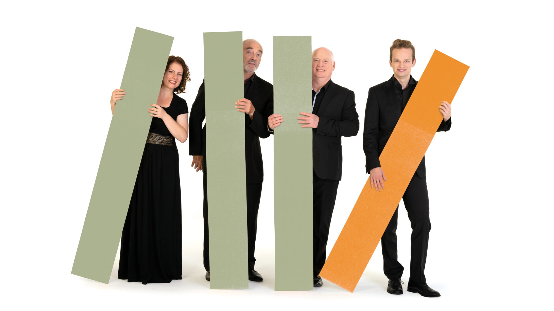 Four BSO musicians standing behind green and orange rectangles