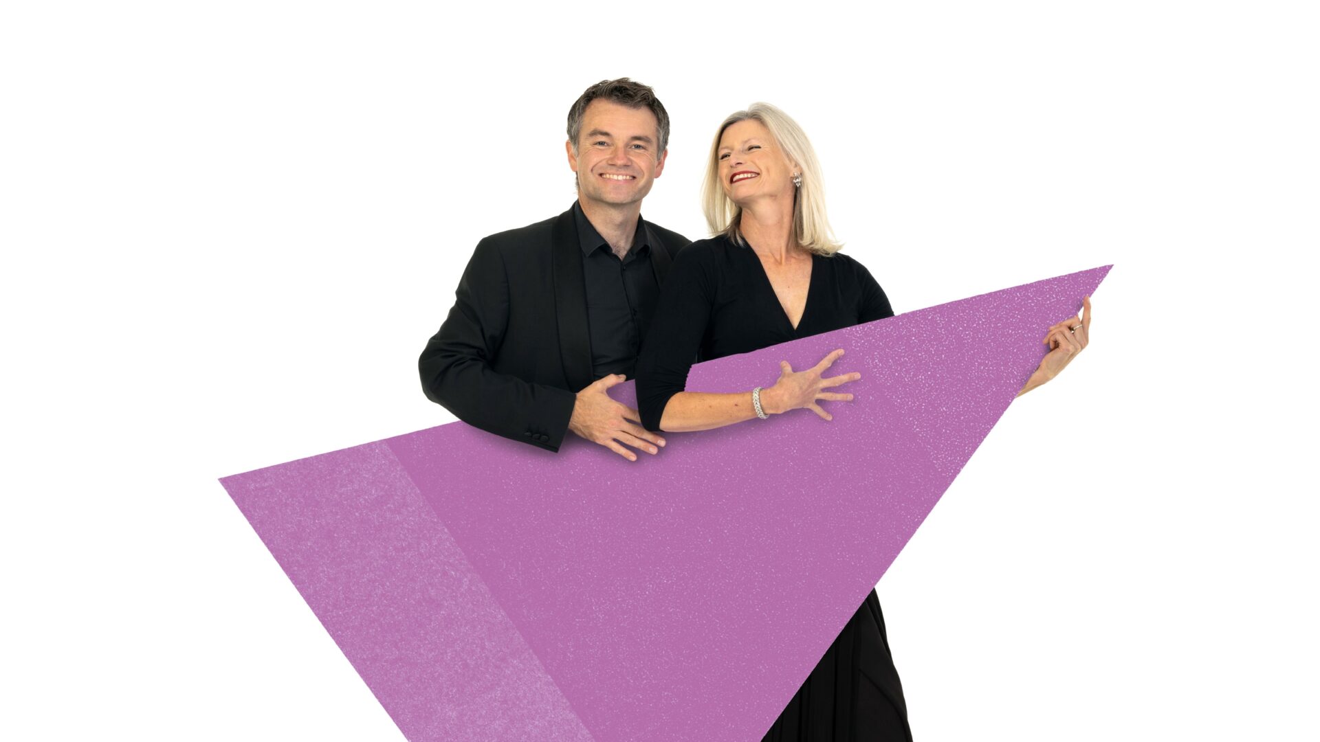 2 BSO musicians standing behind a purple triangle