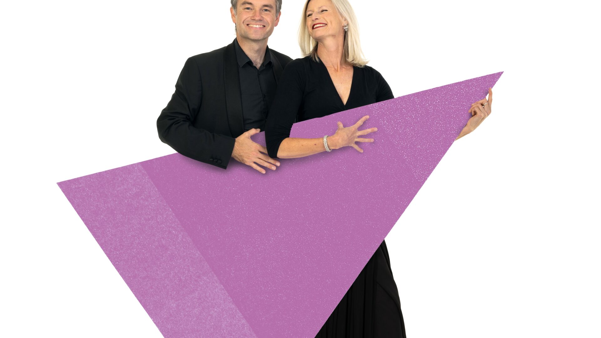 2 BSO musicians standing behind a purple triangle