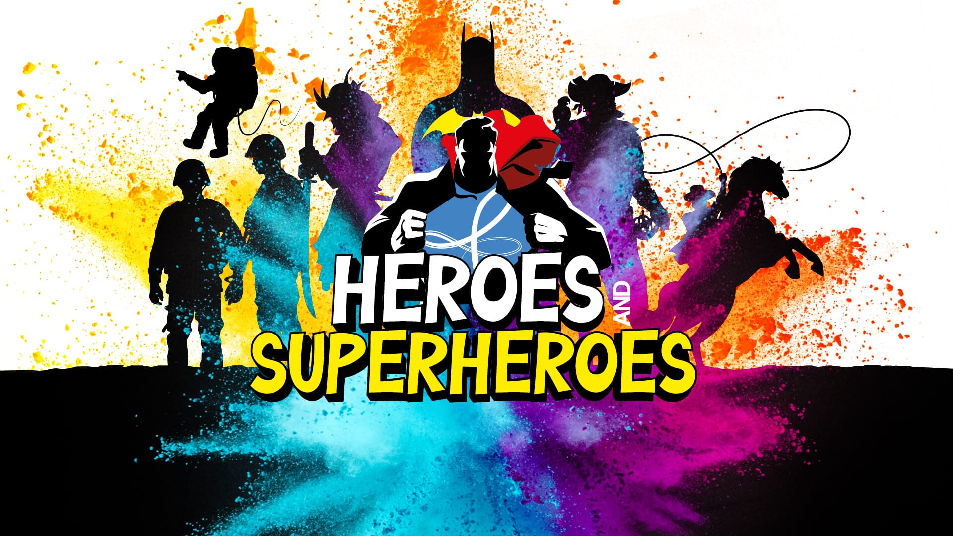 Heroes and Superheroes header image with silhouettes of spaceman, samurai, pirate, cowboy, US soldier and Superman
