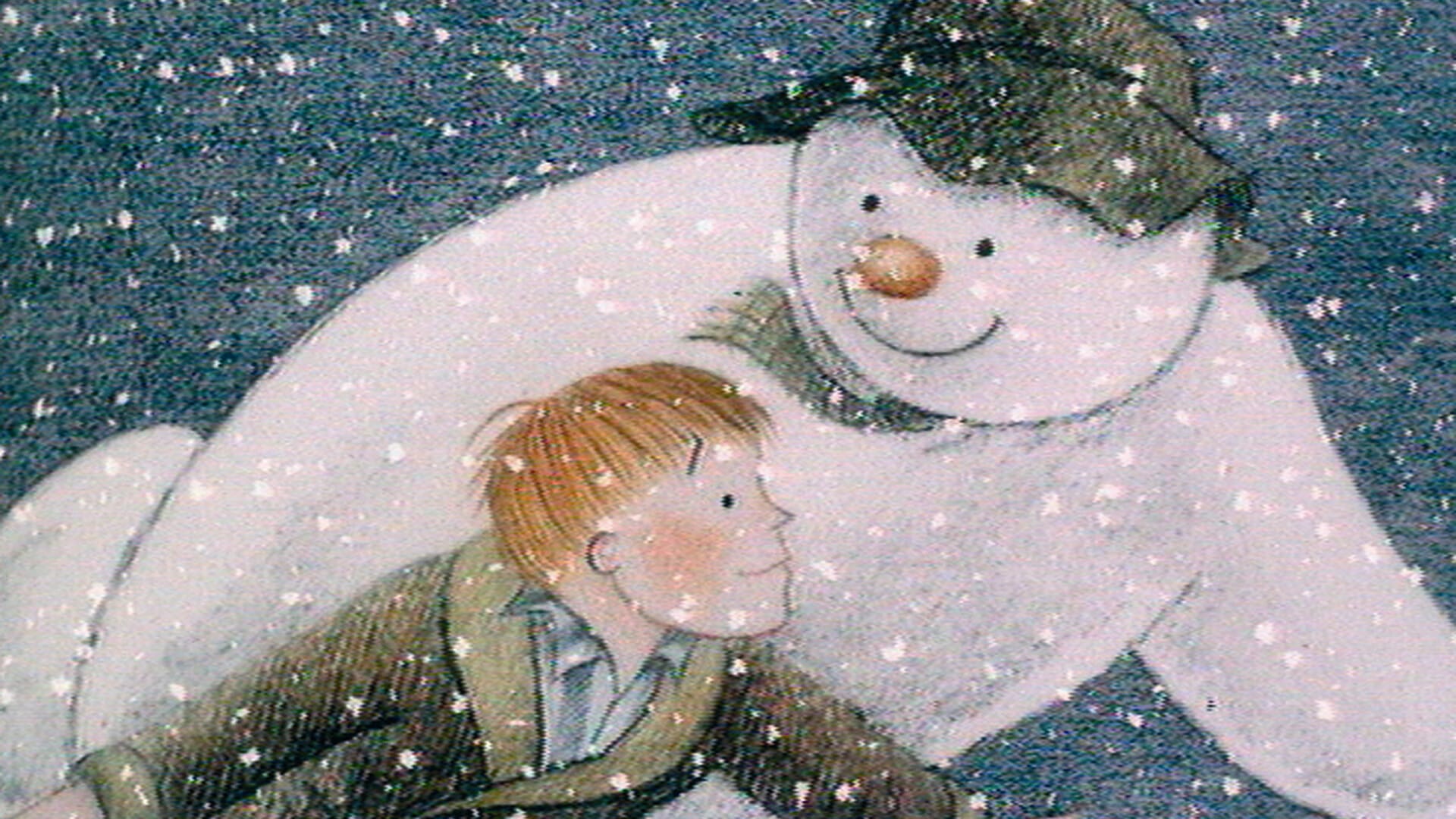 Picture of James and The Snowman in flight from the famous book and film by Raymond Briggs